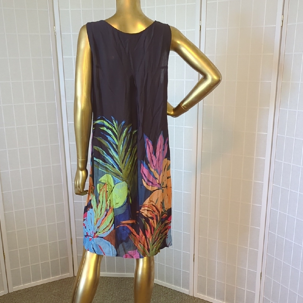 Jams World Tropical Print Sleeveless Dress — Navy with Multicolor Leaf Print - Picture 3 of 11